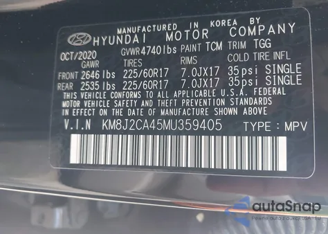 2021 Hyundai Tucson Se z USA, uszkodzony, nr VIN KM8J2CA45MU359405